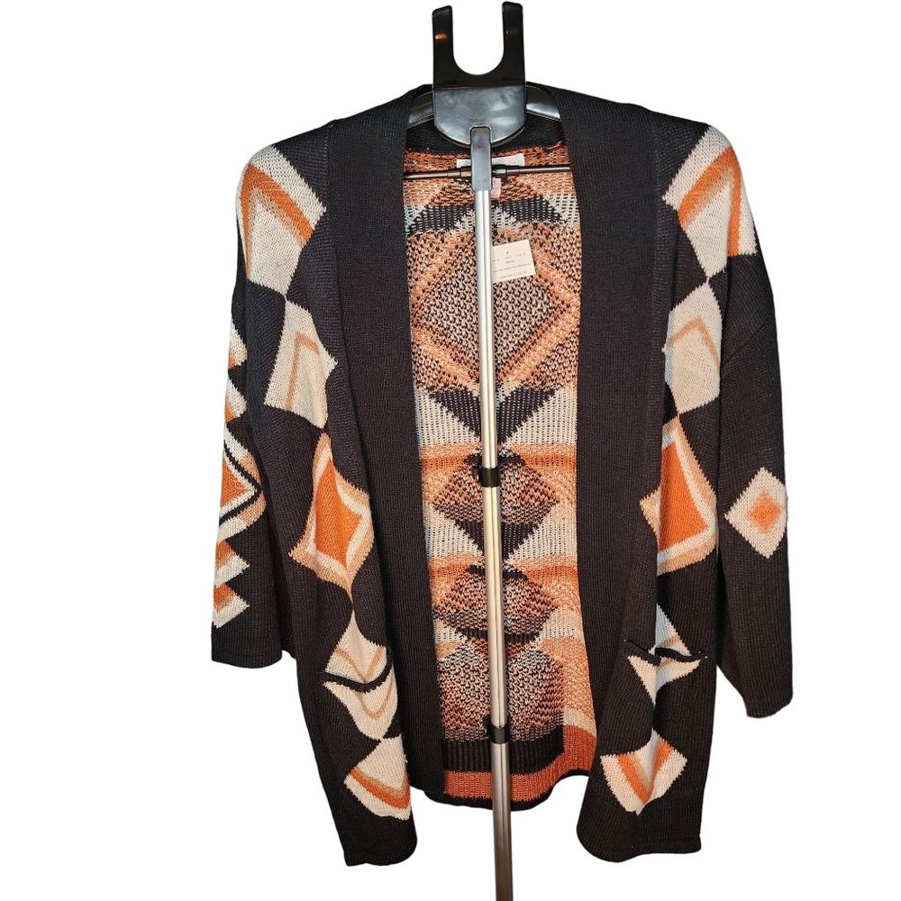Boho Diamond Design Open Front Cardigan‎ Sweater Orange White Small